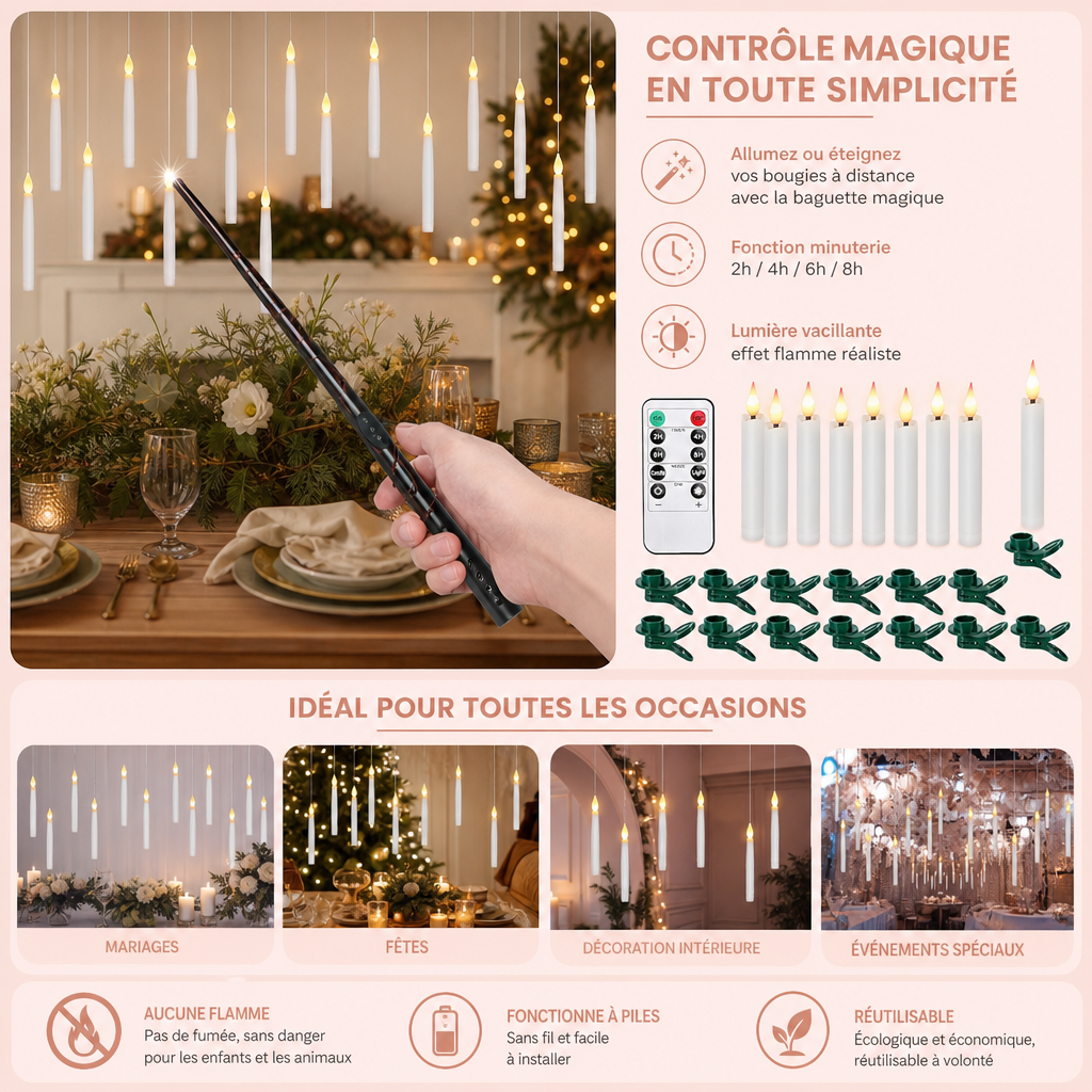 Bougies LED Flottantes Contrôlées par Baguette Magique avec Crochets de Suspension
