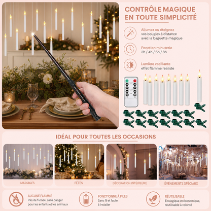 Bougies LED Flottantes Contrôlées par Baguette Magique avec Crochets de Suspension