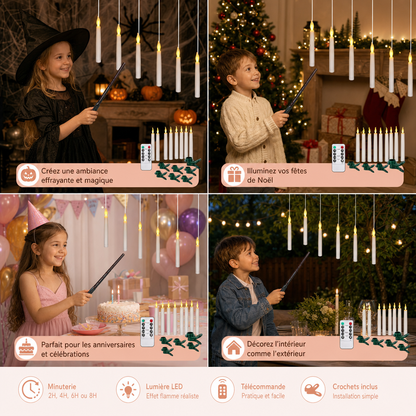 Bougies LED Flottantes Contrôlées par Baguette Magique avec Crochets de Suspension