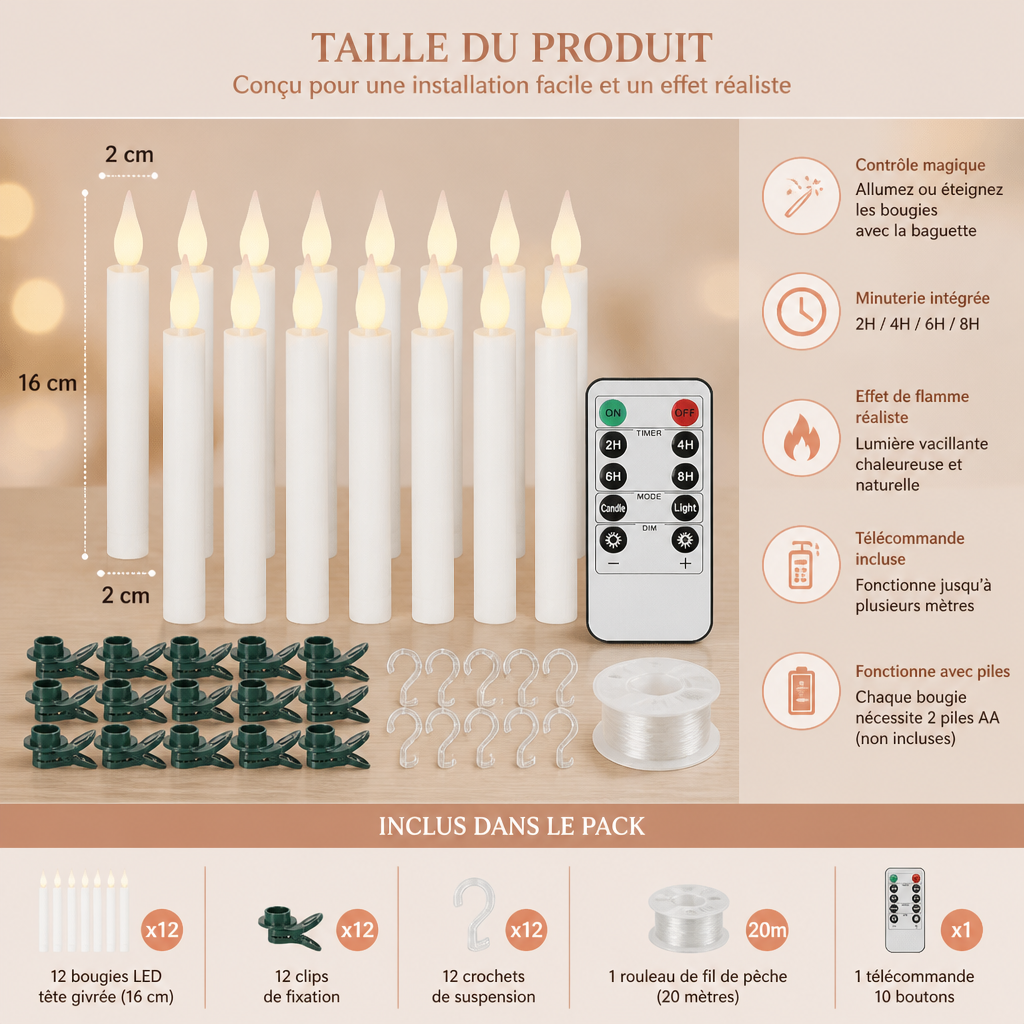 Bougies LED Flottantes Contrôlées par Baguette Magique avec Crochets de Suspension