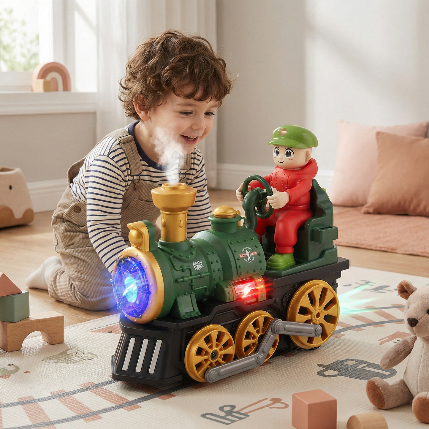 Jolie locomotive jouet avec lumière, musique et effet de vapeur