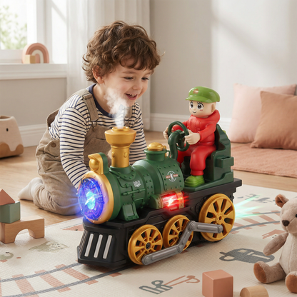Jolie locomotive jouet avec lumière, musique et effet de vapeur