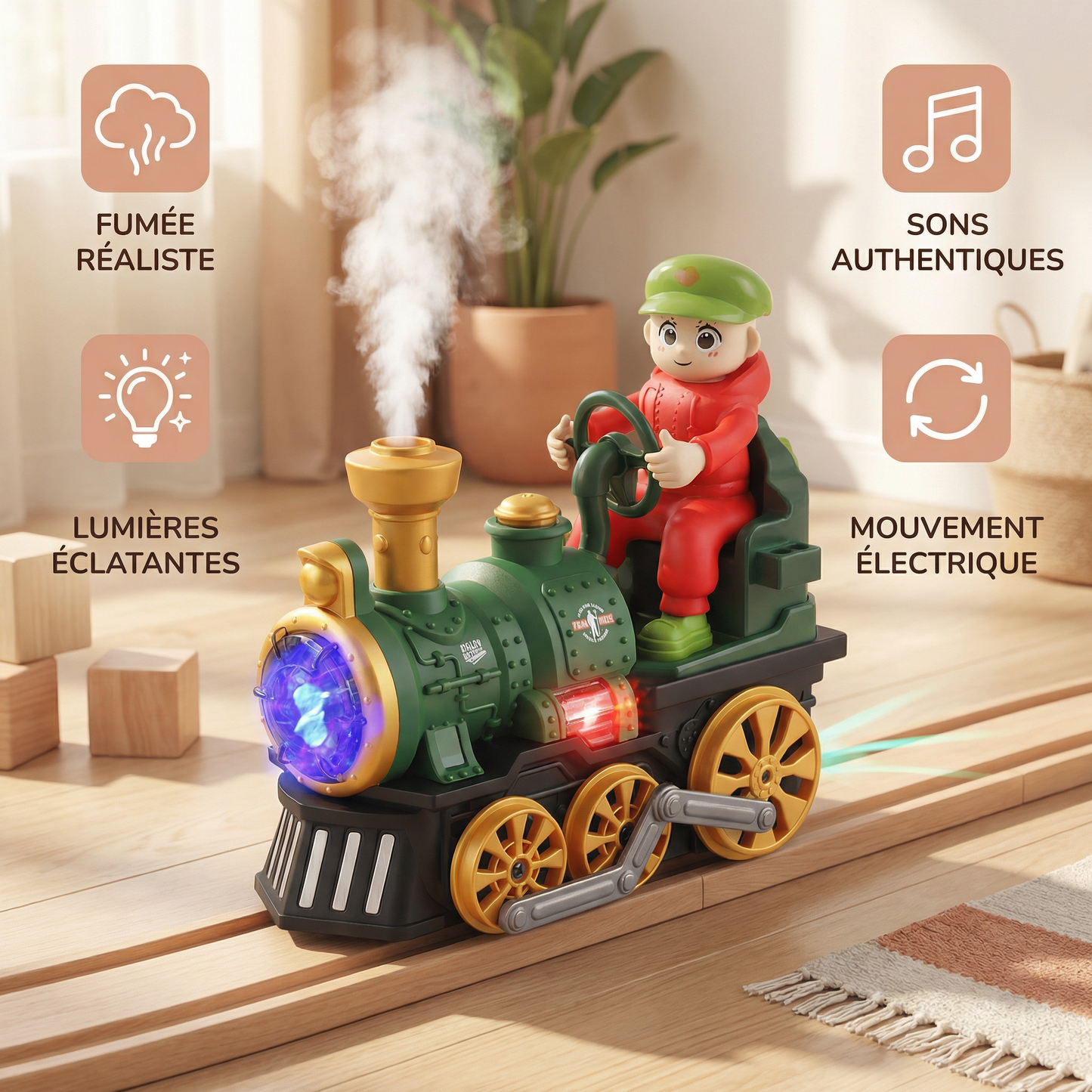 Jolie locomotive jouet avec lumière, musique et effet de vapeur