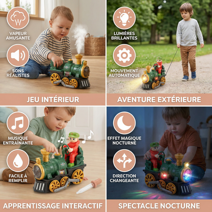Jolie locomotive jouet avec lumière, musique et effet de vapeur