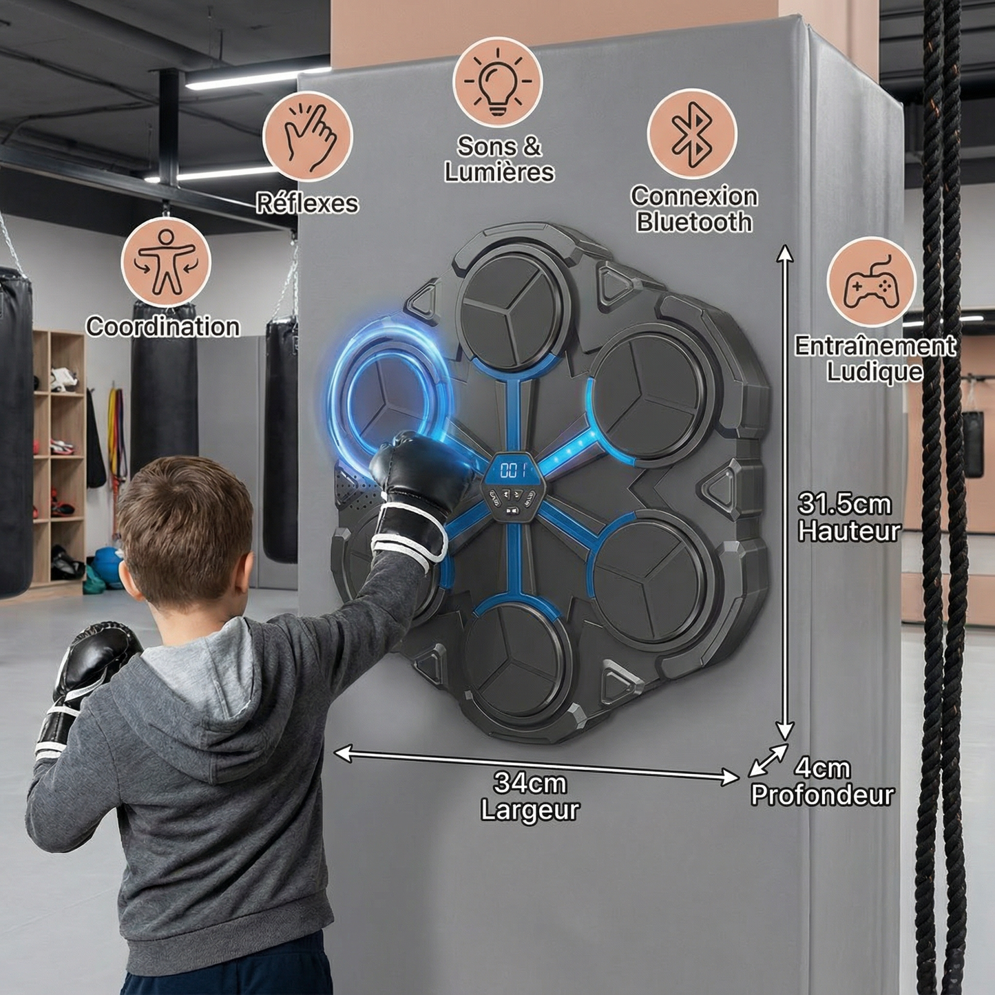 Boxeur musical Bluetooth mural – cible de boxe interactive avec lumière et son