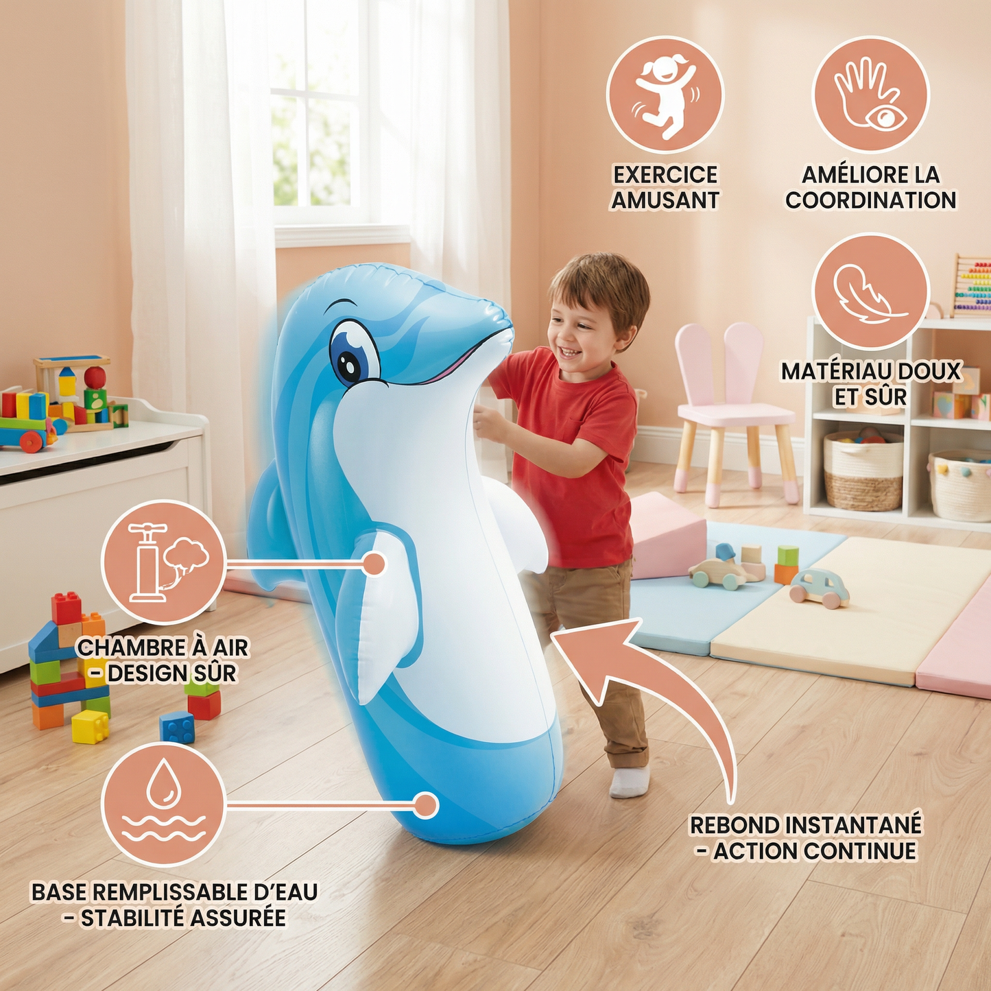 Sac de frappe gonflable pour enfants au design animal avec base remplissable d’eau