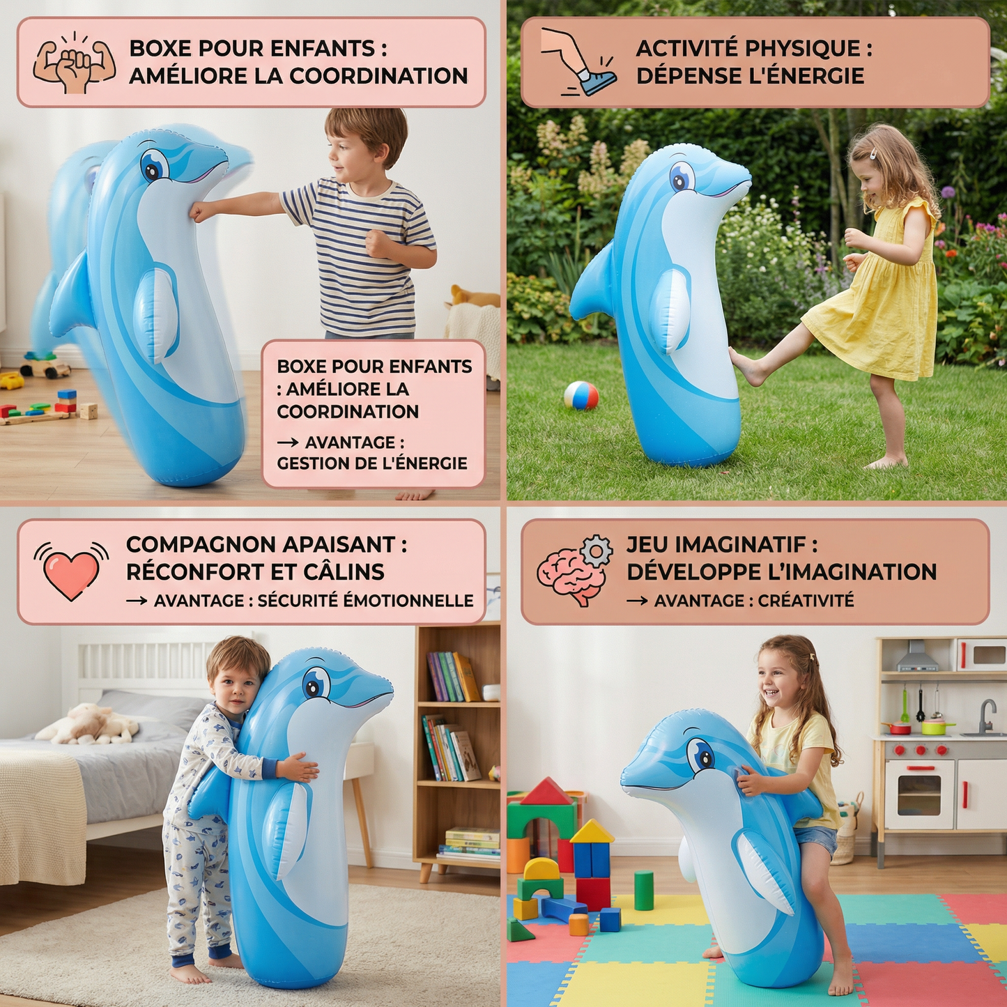 Sac de frappe gonflable pour enfants au design animal avec base remplissable d’eau