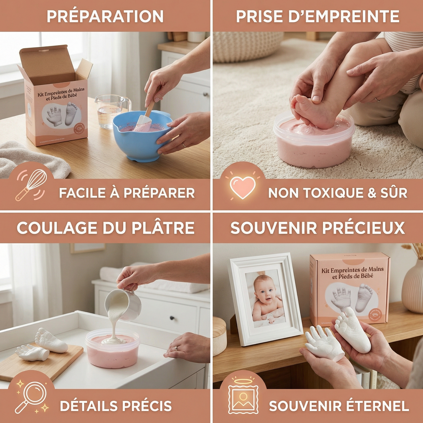 Kit Empreintes de Mains et Pieds de Bébé – Coffret Souvenir pour Nouveau-nés et Parents