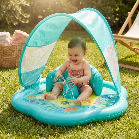 Tapis de Jeu Gonflable pour Bébé avec Auvent – Jeu d'Eau et Protection Solaire pour Tout-Petits