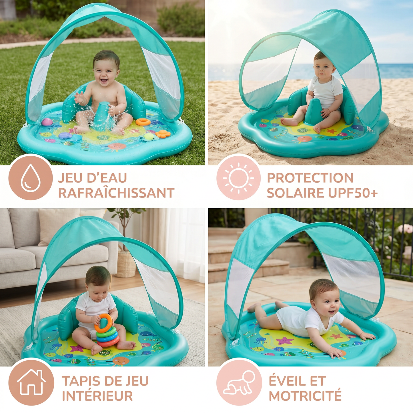Tapis de Jeu Gonflable pour Bébé avec Auvent – Jeu d'Eau et Protection Solaire pour Tout-Petits