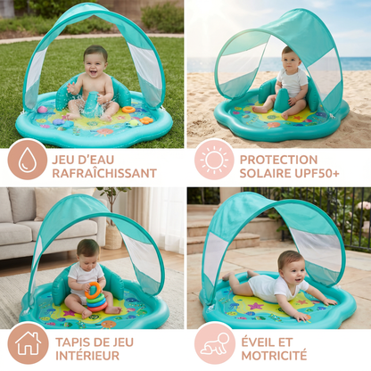 Tapis de Jeu Gonflable pour Bébé avec Auvent – Jeu d'Eau et Protection Solaire pour Tout-Petits