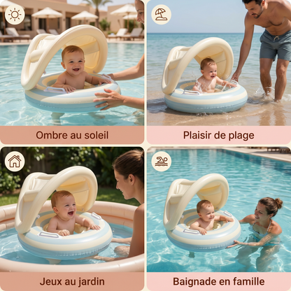 Bassin gonflable rétro à rayures pour bébé avec toit solaire amovible – Siège sécurisé de 6 à 36 mois