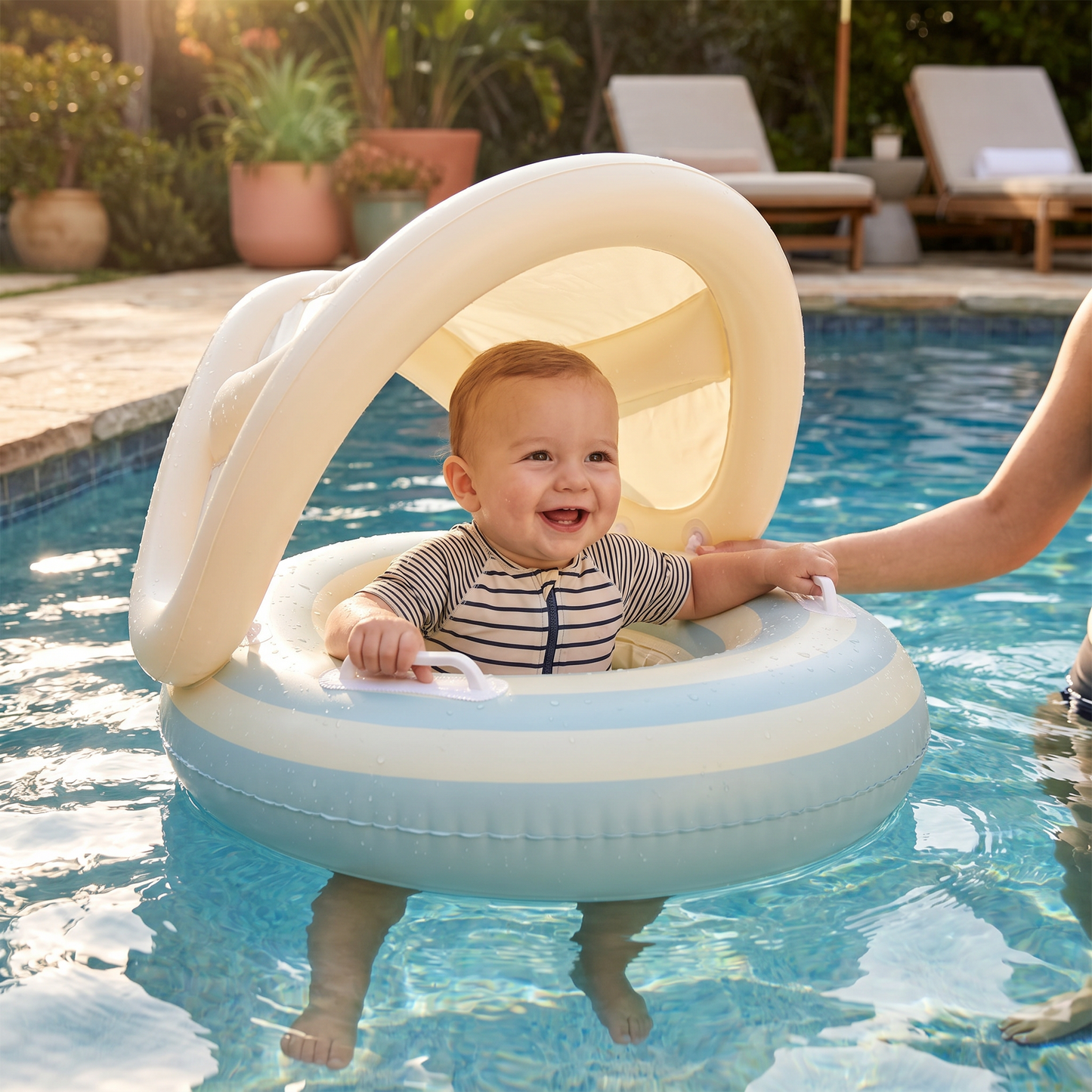 Bassin gonflable rétro à rayures pour bébé avec toit solaire amovible – Siège sécurisé de 6 à 36 mois