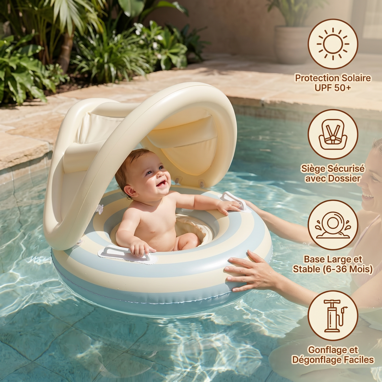 Bassin gonflable rétro à rayures pour bébé avec toit solaire amovible – Siège sécurisé de 6 à 36 mois