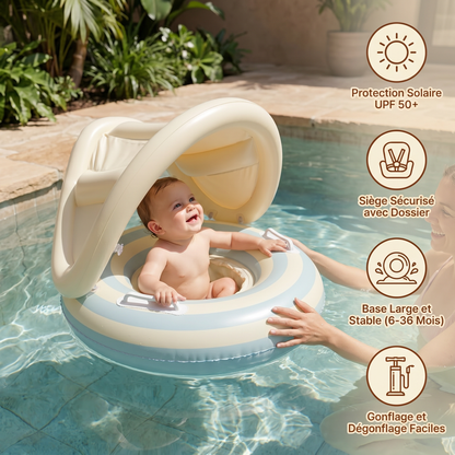 Bassin gonflable rétro à rayures pour bébé avec toit solaire amovible – Siège sécurisé de 6 à 36 mois