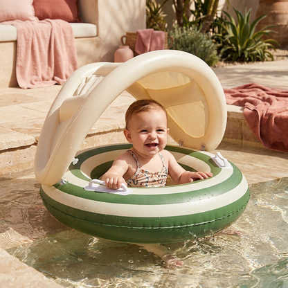Bassin gonflable rétro à rayures pour bébé avec toit solaire amovible – Siège sécurisé de 6 à 36 mois
