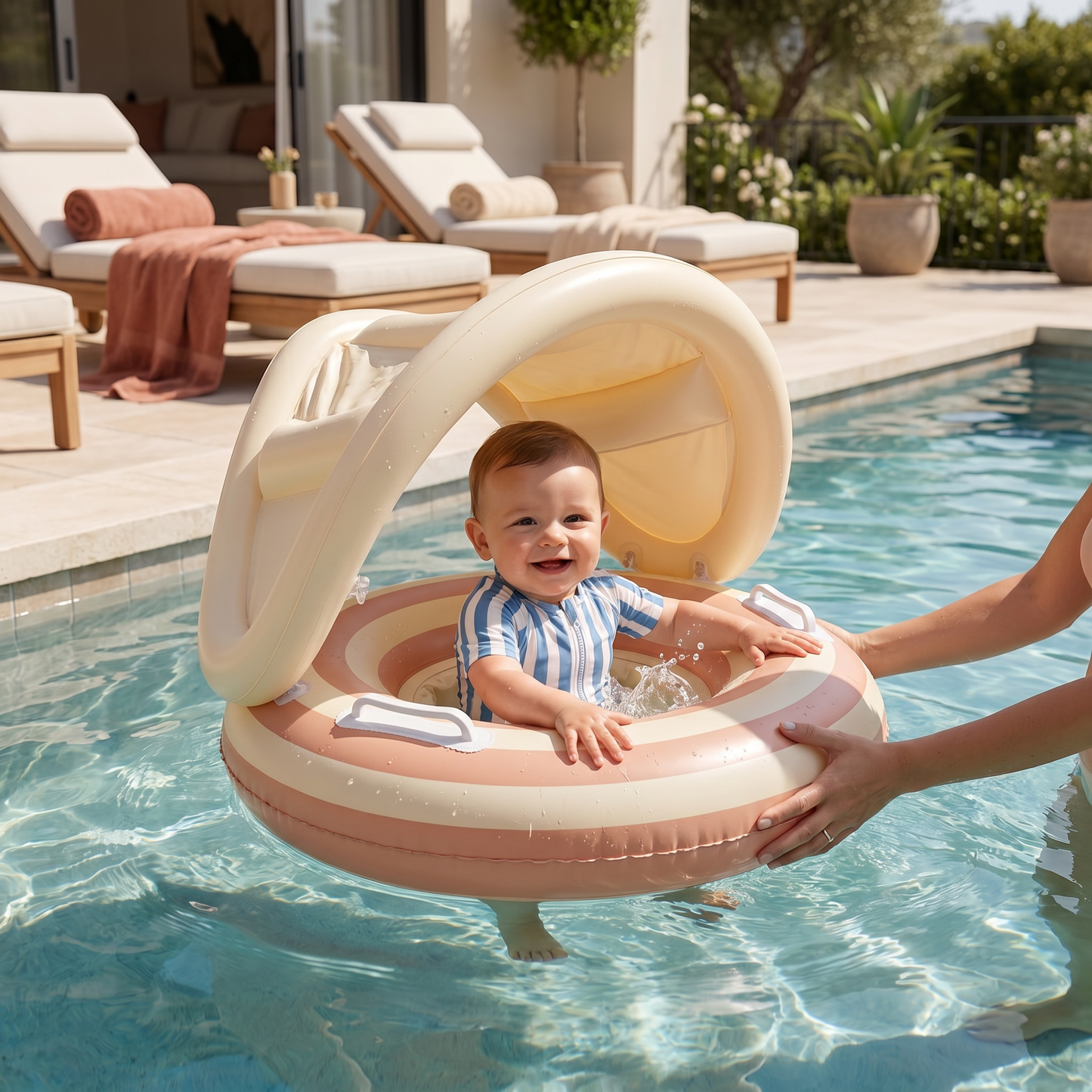 Bassin gonflable rétro à rayures pour bébé avec toit solaire amovible – Siège sécurisé de 6 à 36 mois