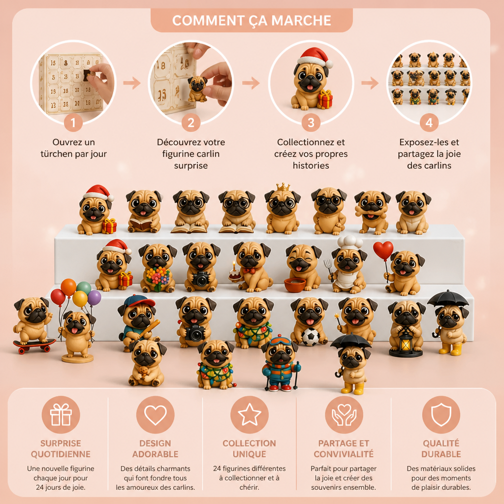 Calendrier de l’Avent de 24 jours avec des figurines surprises de carlins