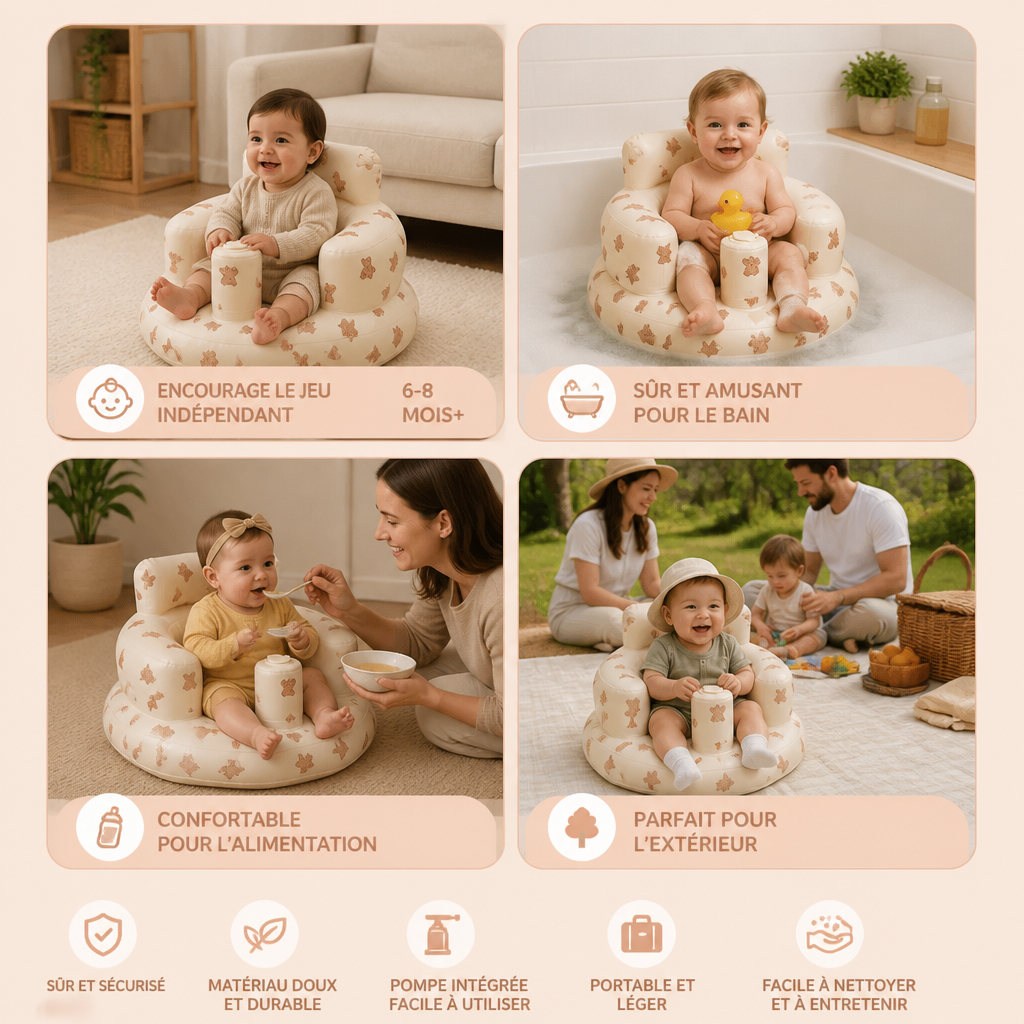Siège de sol gonflable pour bébé avec pompe intégrée – Portable et pliable