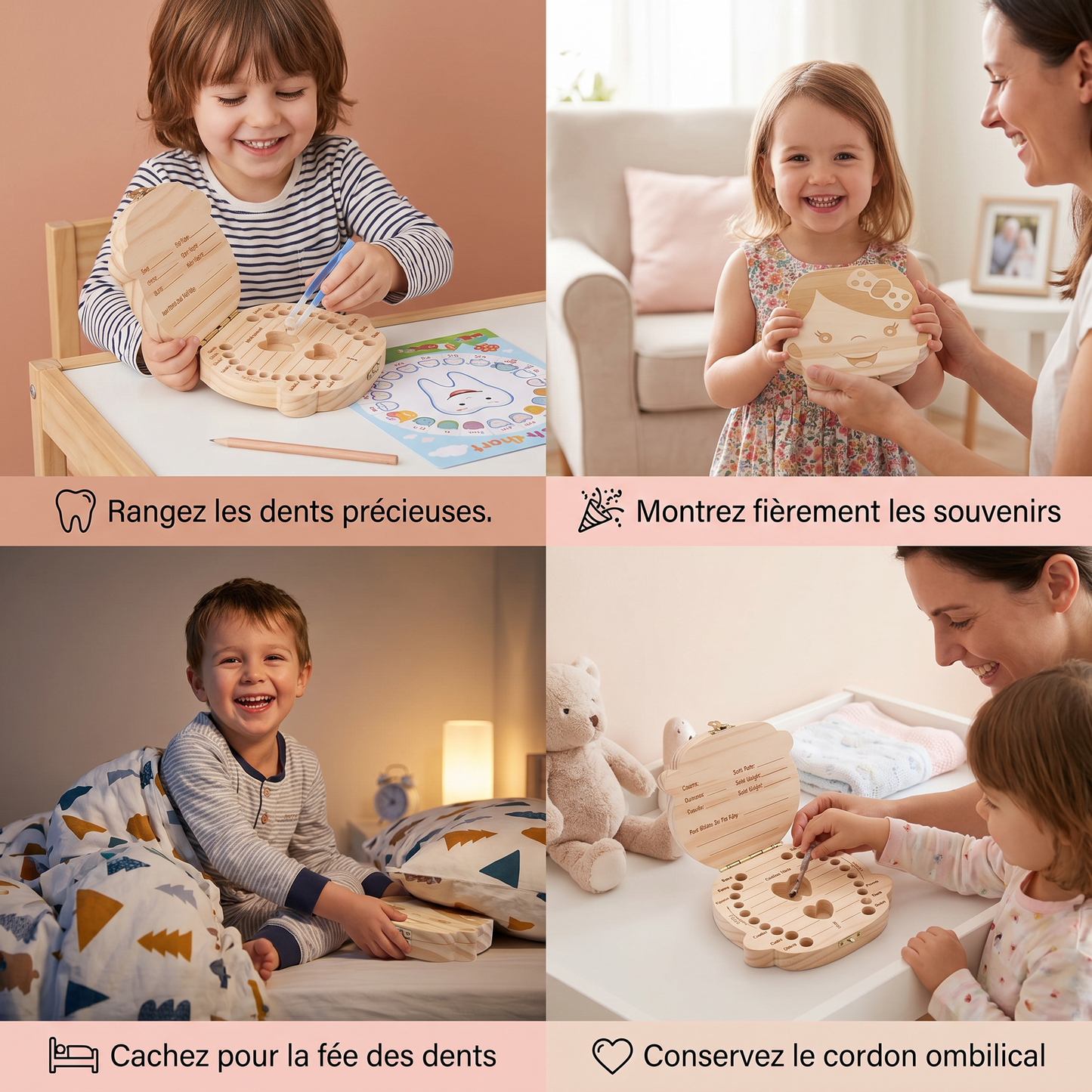 Boîte à dents en bois pour enfants – Boîte de rangement et de souvenirs pour dents de lait