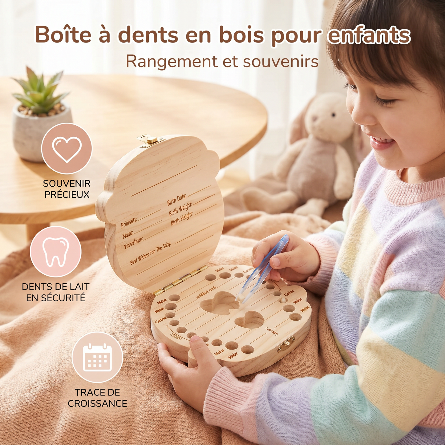 Boîte à dents en bois pour enfants – Boîte de rangement et de souvenirs pour dents de lait