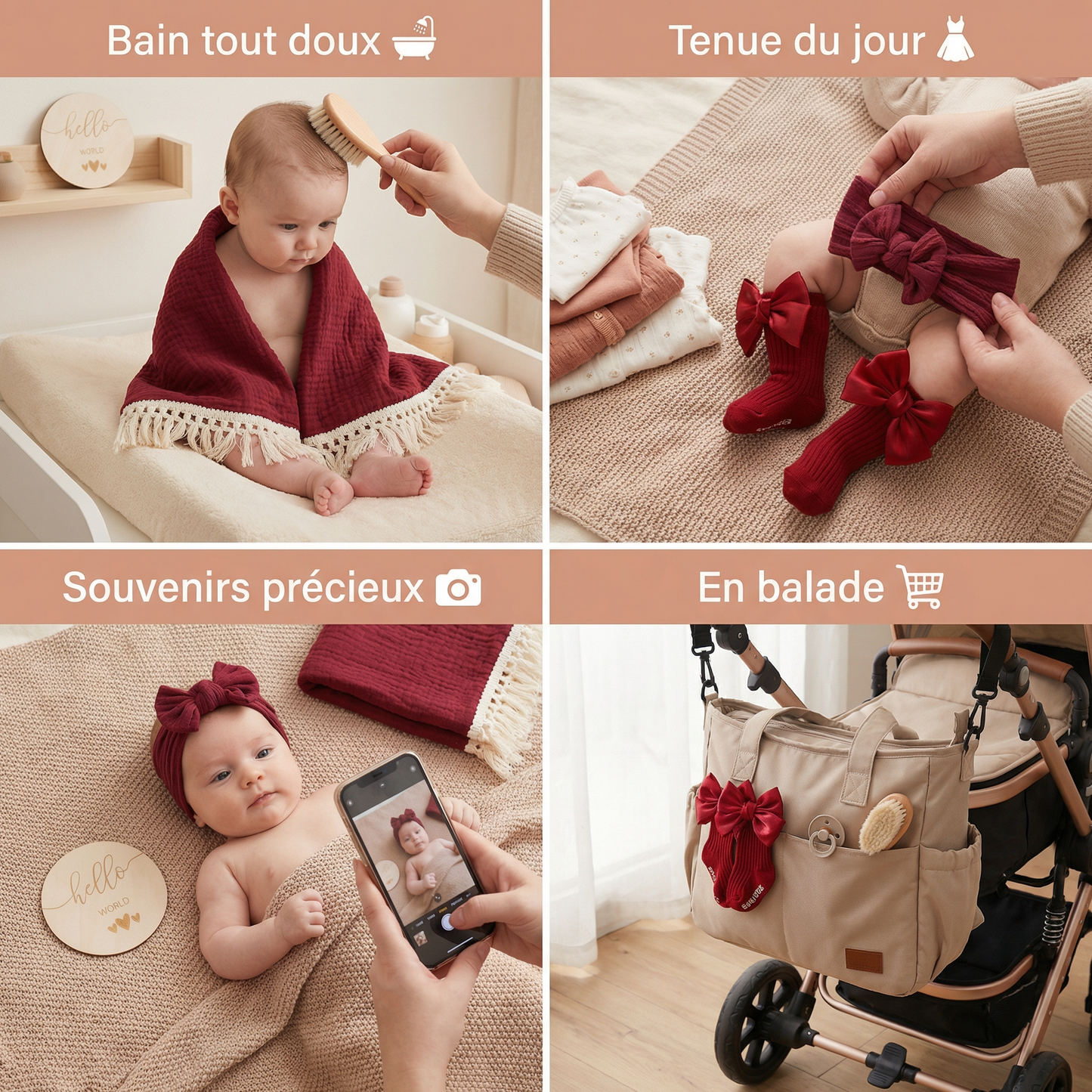 Coffret cadeau de soins pour bébé – Serviette, chaussettes ou bandeau & brosse de bain pour nouveau-né