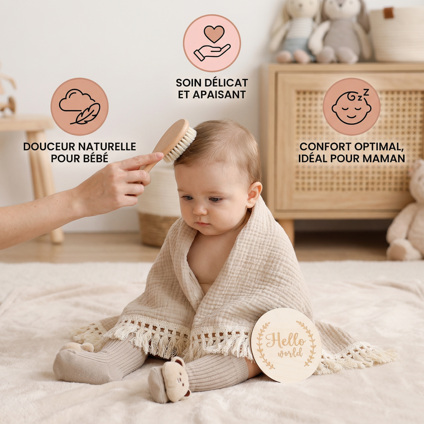 Coffret cadeau de soins pour bébé – Serviette, chaussettes ou bandeau & brosse de bain pour nouveau-né
