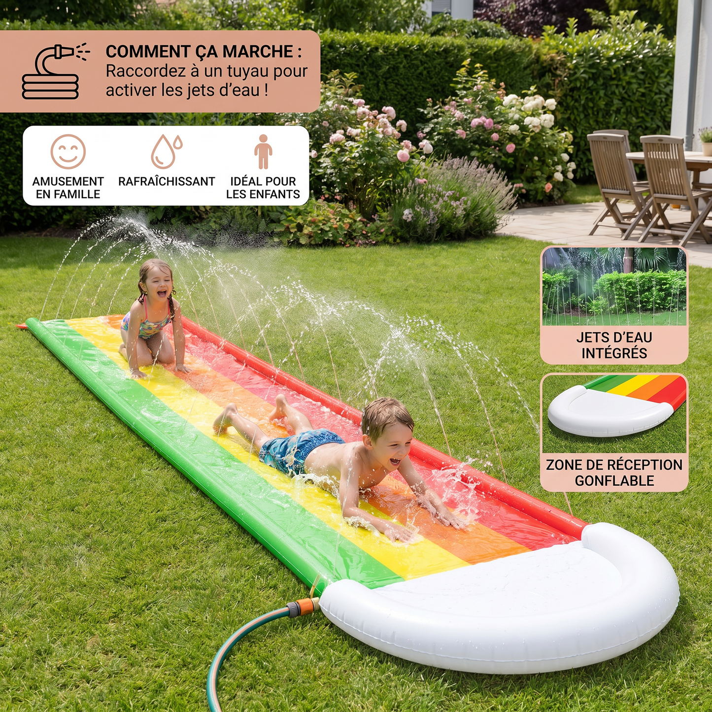 Regenbogen Wasserrutsche – Toboggan Gonflable Extérieur pour Enfants et Familles