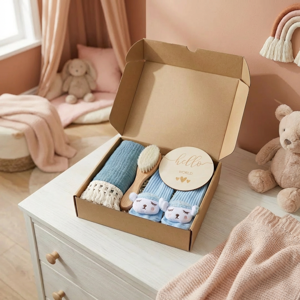 Coffret cadeau de soins pour bébé – Serviette, chaussettes ou bandeau & brosse de bain pour nouveau-né