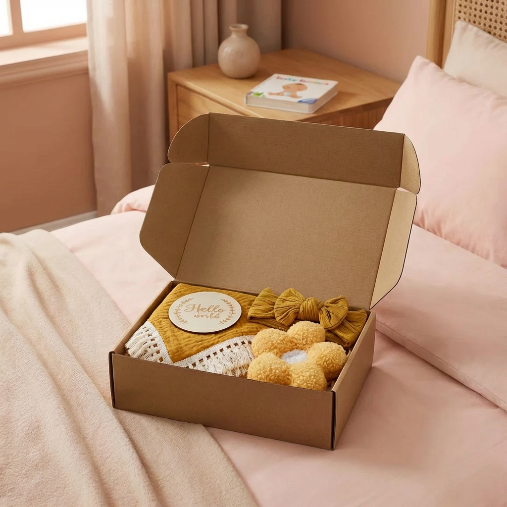 Coffret cadeau de soins pour bébé – Serviette, chaussettes ou bandeau & brosse de bain pour nouveau-né