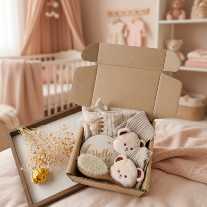 Coffret cadeau de soins pour bébé – Serviette, chaussettes ou bandeau & brosse de bain pour nouveau-né