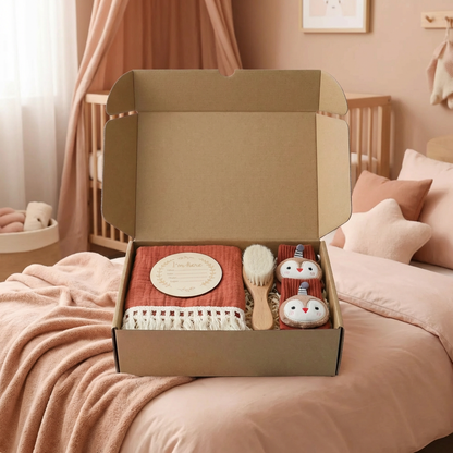 Coffret cadeau de soins pour bébé – Serviette, chaussettes ou bandeau & brosse de bain pour nouveau-né