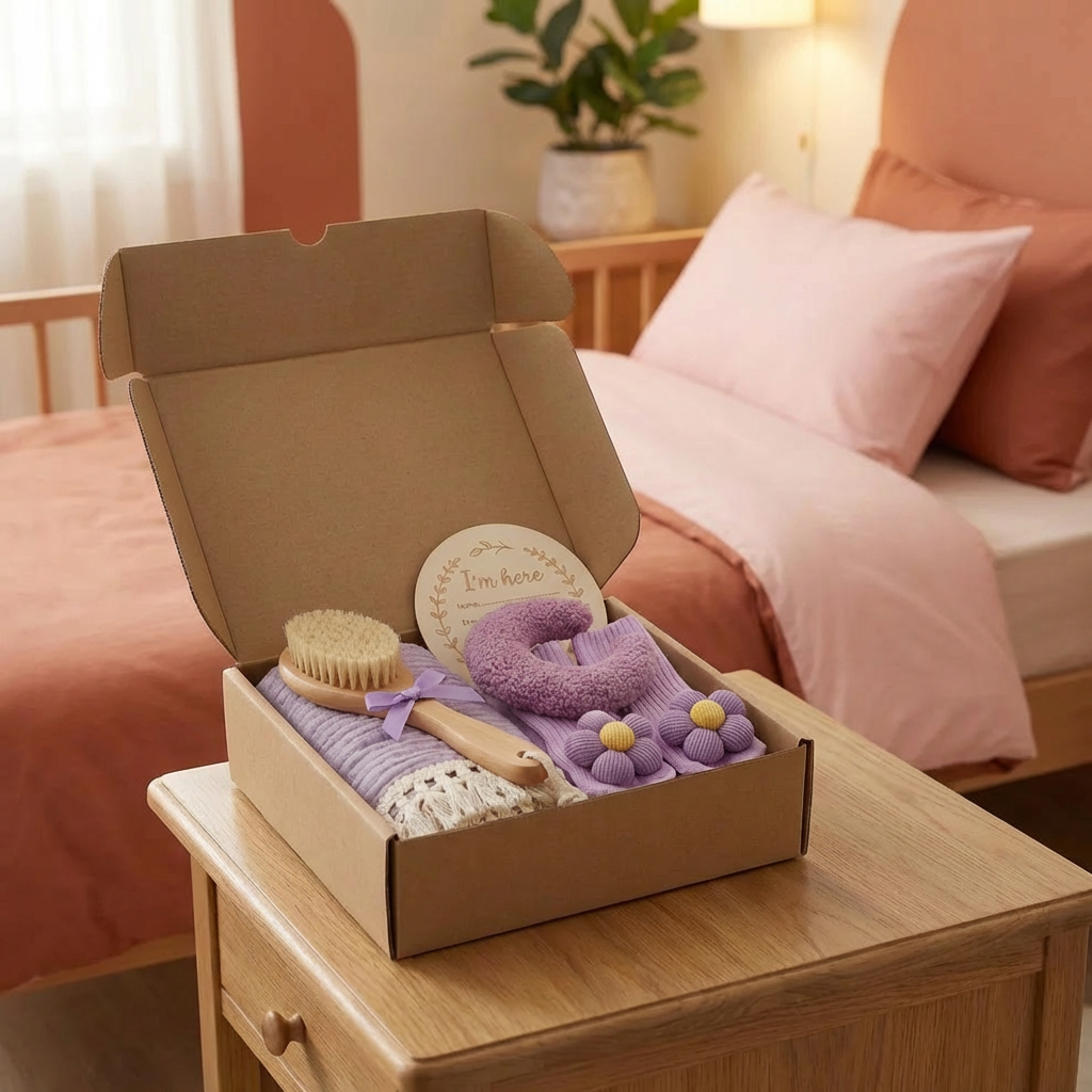 Coffret cadeau de soins pour bébé – Serviette, chaussettes ou bandeau & brosse de bain pour nouveau-né