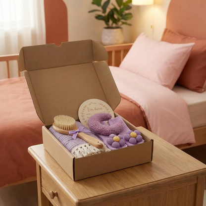 Coffret cadeau de soins pour bébé – Serviette, chaussettes ou bandeau & brosse de bain pour nouveau-né