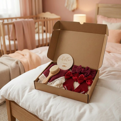 Coffret cadeau de soins pour bébé – Serviette, chaussettes ou bandeau & brosse de bain pour nouveau-né