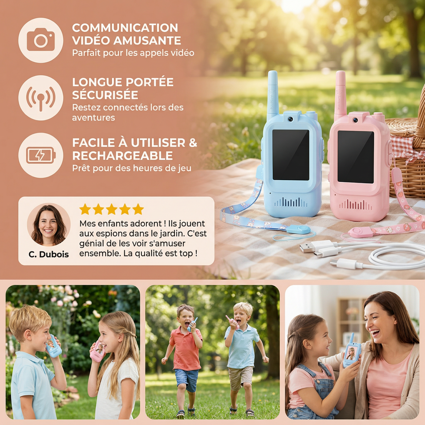 Set de Walkie-Talkies pour Enfants 2 unités – Radios avec Caméra et Écran