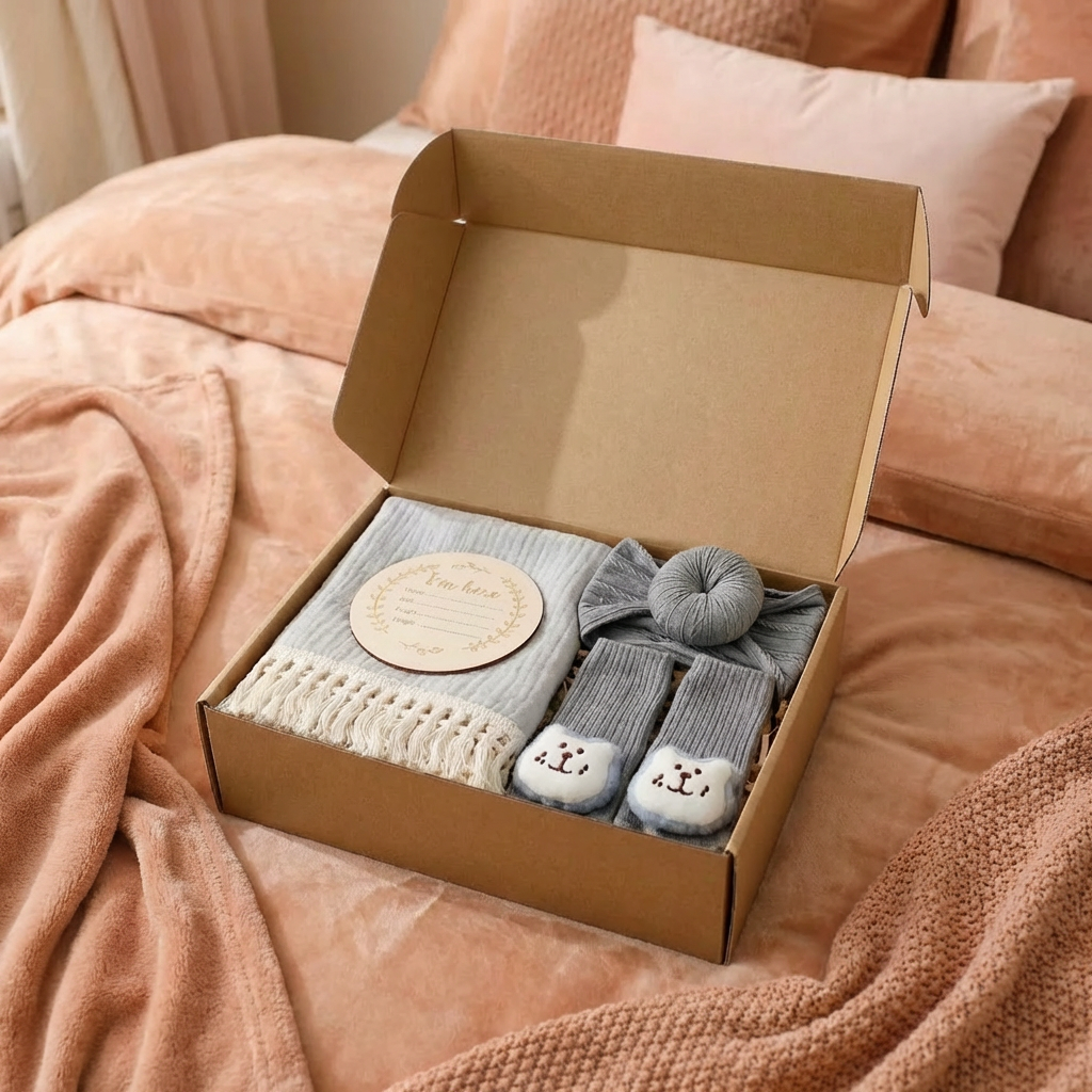 Coffret cadeau de soins pour bébé – Serviette, chaussettes ou bandeau & brosse de bain pour nouveau-né