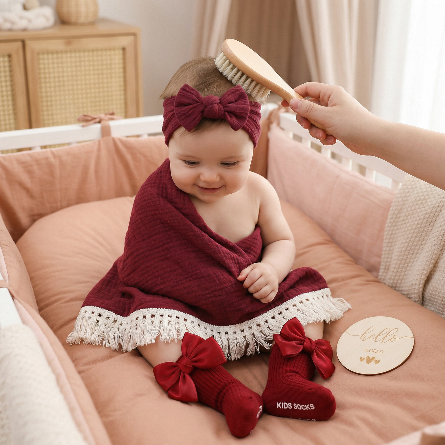 Coffret cadeau de soins pour bébé – Serviette, chaussettes ou bandeau & brosse de bain pour nouveau-né