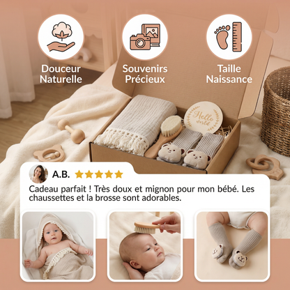 Coffret cadeau de soins pour bébé – Serviette, chaussettes ou bandeau & brosse de bain pour nouveau-né