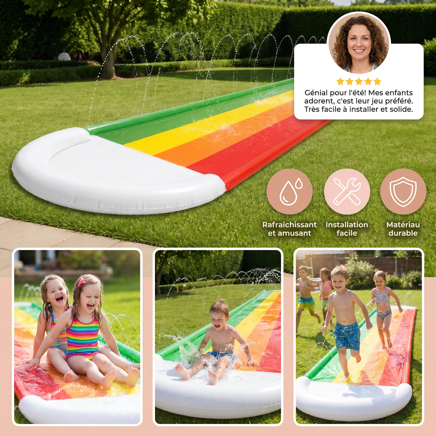Regenbogen Wasserrutsche – Toboggan Gonflable Extérieur pour Enfants et Familles