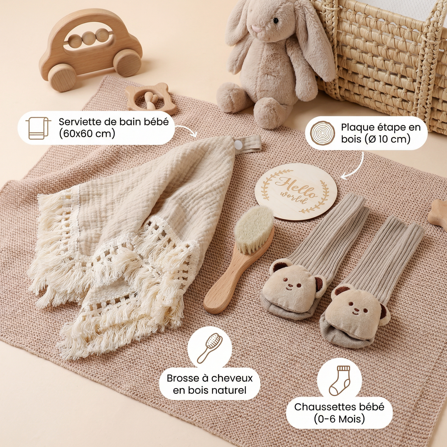 Coffret cadeau de soins pour bébé – Serviette, chaussettes ou bandeau & brosse de bain pour nouveau-né
