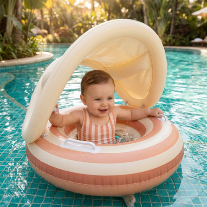 Bassin gonflable rétro à rayures pour bébé avec toit solaire amovible – Siège sécurisé de 6 à 36 mois