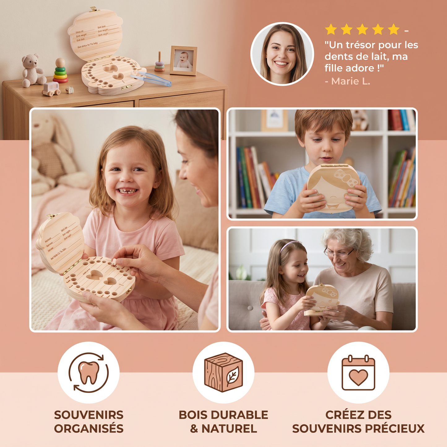 Boîte à dents en bois pour enfants – Boîte de rangement et de souvenirs pour dents de lait