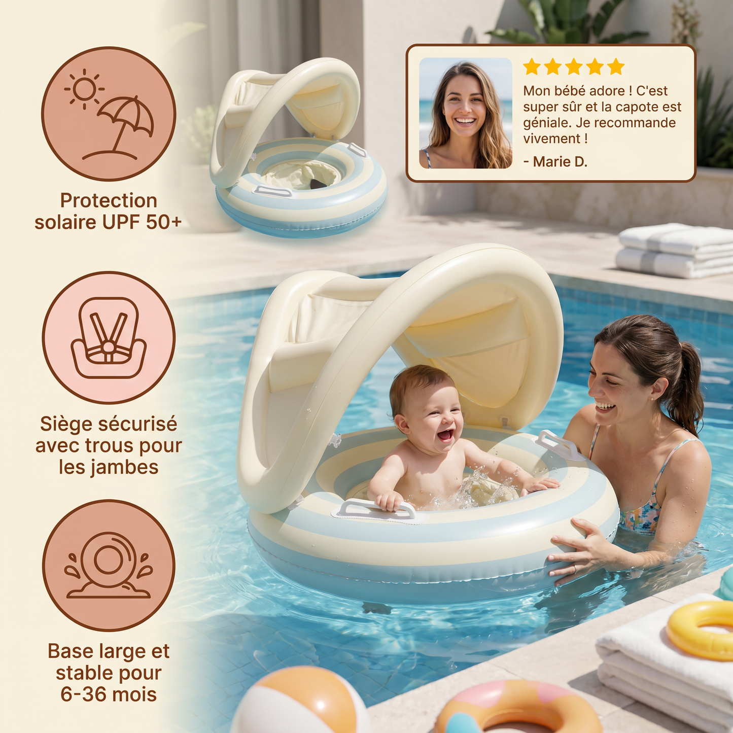 Bassin gonflable rétro à rayures pour bébé avec toit solaire amovible – Siège sécurisé de 6 à 36 mois