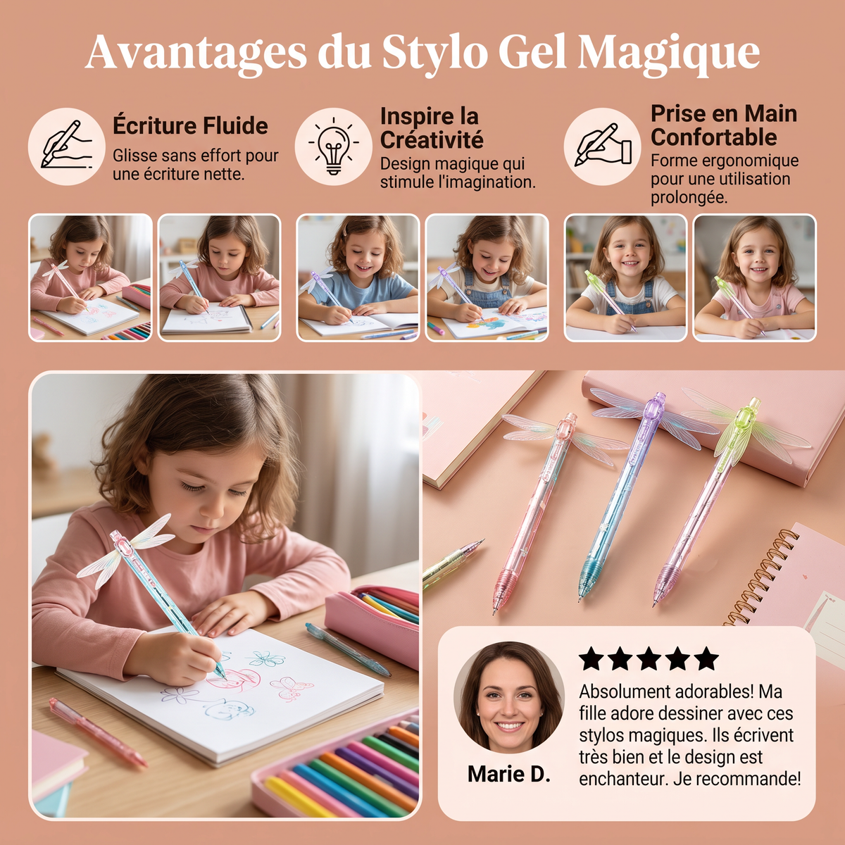 Stylo gel magique avec ailes de libellule