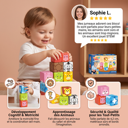 Blocs de construction magnétiques avec animaux de safari de 4,2 cm adaptés aux tout-petits – blocs d’apprentissage STEM