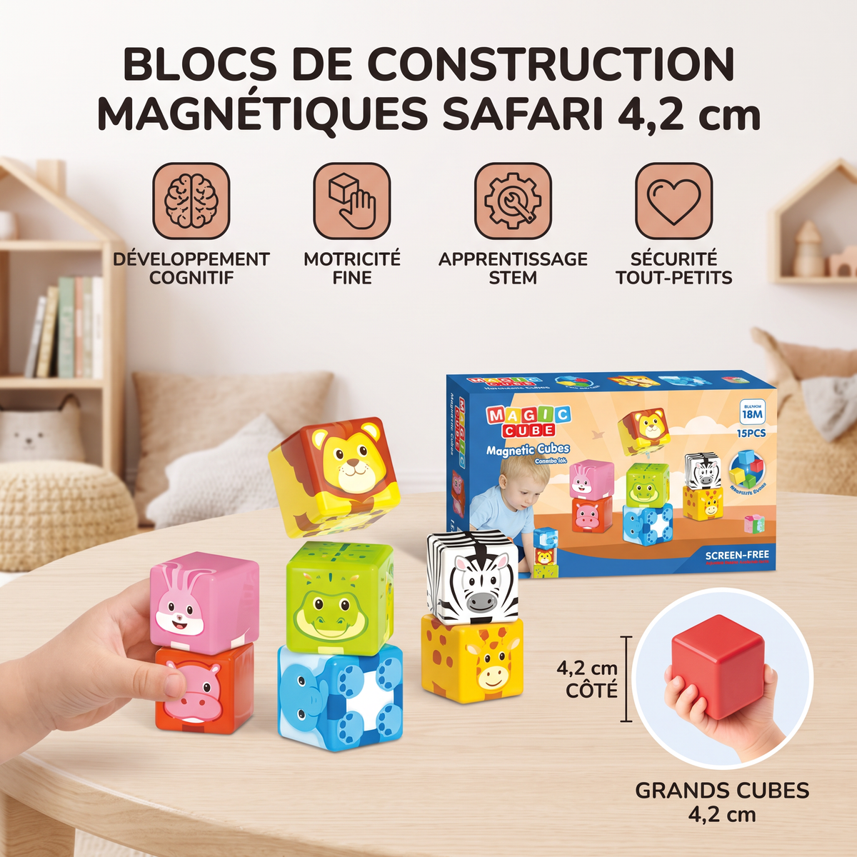 Blocs de construction magnétiques avec animaux de safari de 4,2 cm adaptés aux tout-petits – blocs d’apprentissage STEM