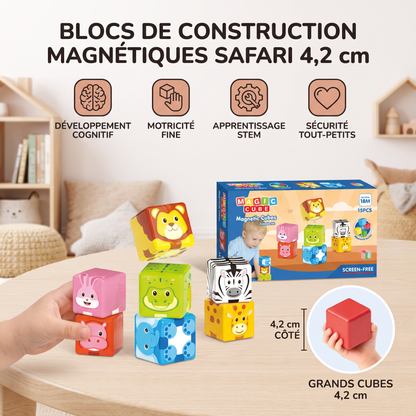 Blocs de construction magnétiques avec animaux de safari de 4,2 cm adaptés aux tout-petits – blocs d’apprentissage STEM