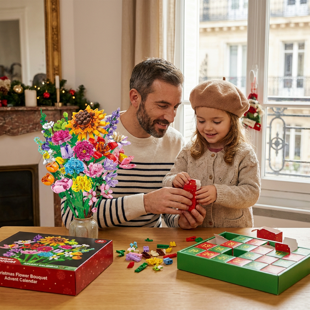 Calendrier De L’Avent De Noël Avec Bouquet De Fleurs En Blocs De Construction